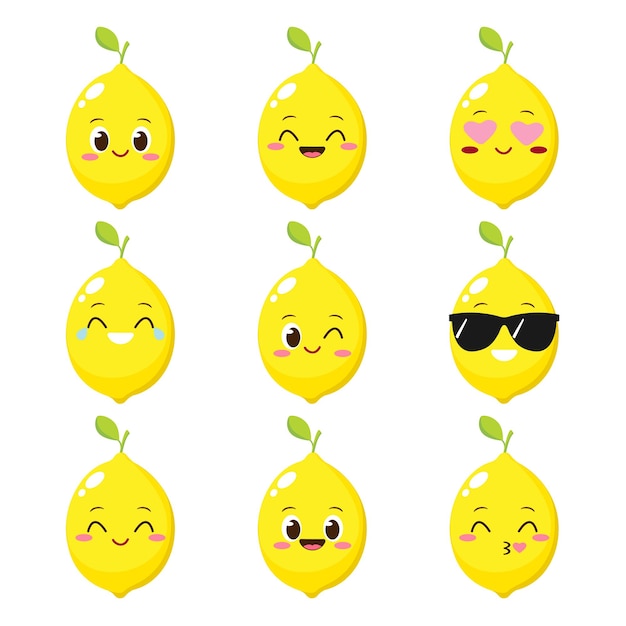 Carácter de limón con cara divertida Conjunto de emoji de limón de dibujos animados lindo feliz Emoticono de cítricos divertido Ilustración de vector de carácter de comida vegetariana saludable