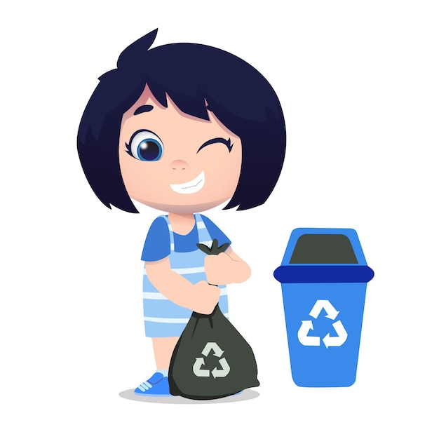 Carácter de linda chica limpieza y reciclaje de basura