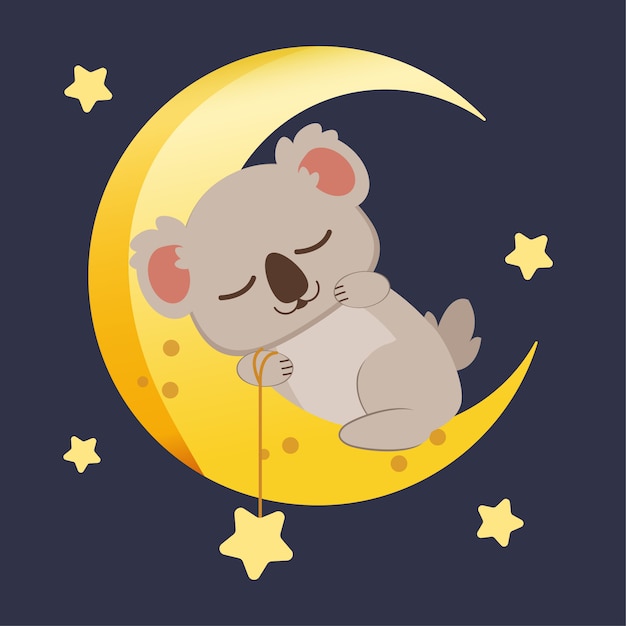 Carácter de lindo koala durmiendo en gran luna con estrella.