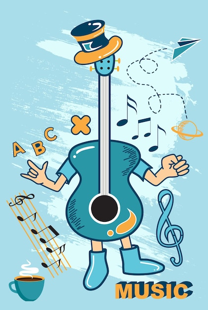Vector carácter lindo del logotipo de la mascota de la música de la ilustración del vector de la música de la guitarra adecuado para la página de aterrizaje web
