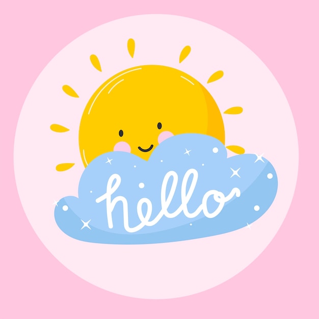 Carácter lindo luz del sol tarjeta postal con una inscripción motivacional cuadrado brilla el cielo fondo rosa bebé linda ilustración vectorial