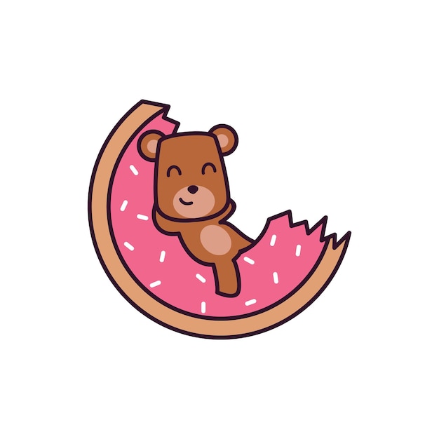 Carácter lindo de la mascota del oso pardo que se relaja en una ilustración del vector del donut