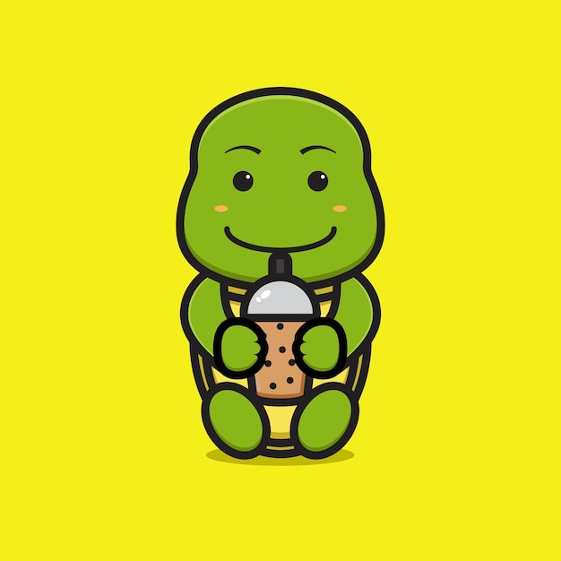 Carácter lindo de la mascota de la tortuga que bebe el ejemplo del icono del vector de la historieta del boba. Diseño aislado en amarillo. Estilo de dibujos animados plana.