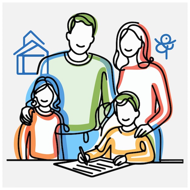 Carácter de línea editable continuo con ilustración de stock de Family Plan