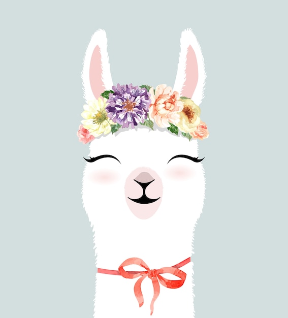 Vector carácter llama lindo dibujado a mano con acuarela corona de flores.