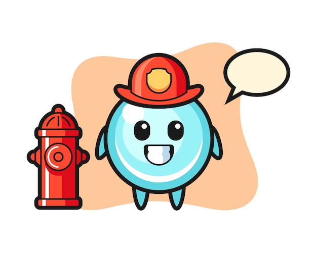 Carácter de la mascota de la burbuja como bombero, diseño de estilo lindo