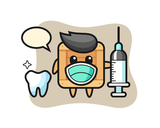 Carácter de mascota de caja de madera como dentista, diseño de estilo lindo para camiseta, pegatina, elemento de logotipo
