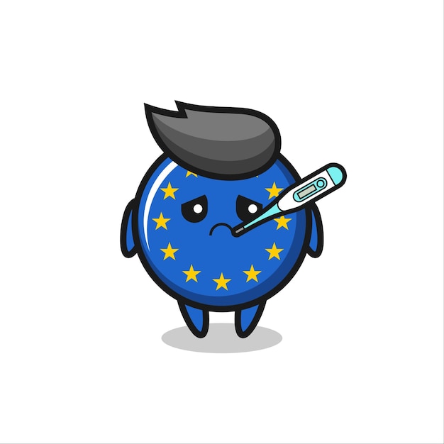 Carácter de la mascota de la insignia de la bandera de Europa con condición de fiebre, diseño de estilo lindo para camiseta, pegatina, elemento de logotipo