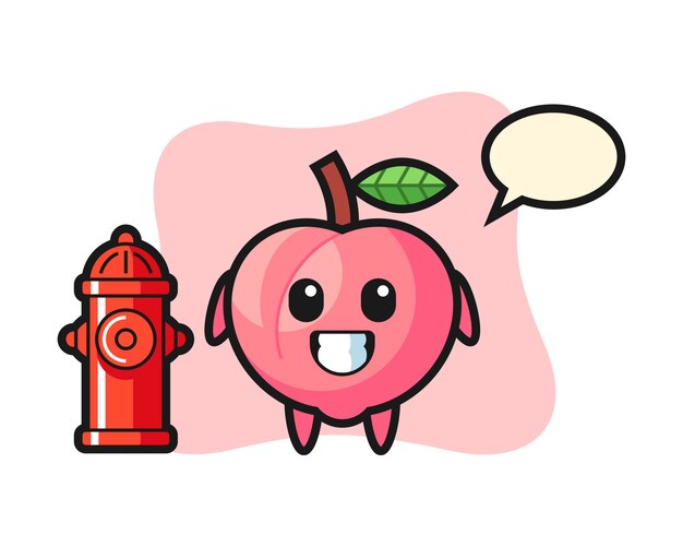 Carácter de la mascota del melocotón como bombero, diseño de estilo lindo para la camiseta