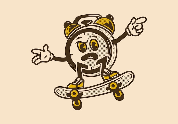 Carácter de la mascota del reloj de escritorio saltando en el monopatín