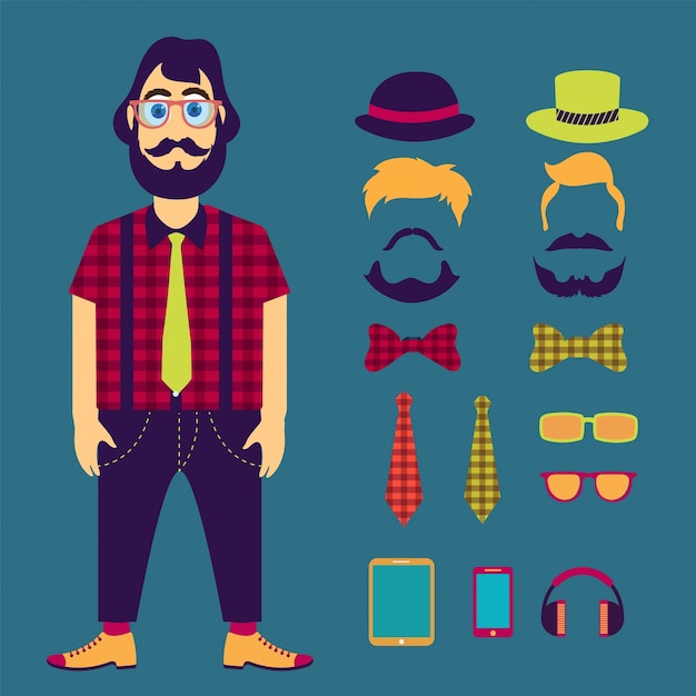 Carácter masculino inconformista con elementos e iconos de hipster.
