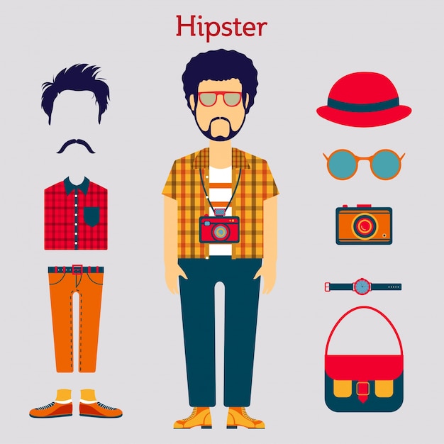 Carácter masculino inconformista con elementos e iconos de hipster.