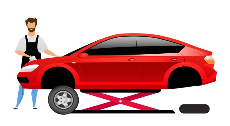 Vector carácter mecánico automático de color sin rostro. reparador sonriente pulido sedán en elevador de coche aislado ilustración de dibujos animados para diseño gráfico web y animación