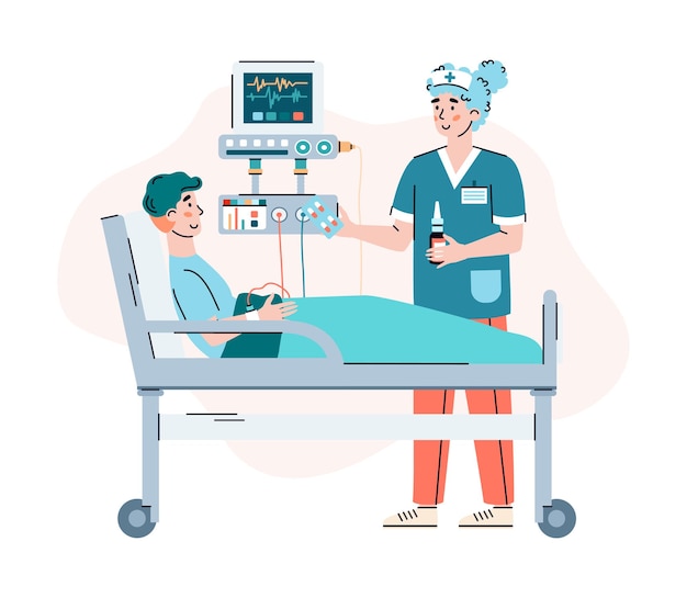 Carácter médico asesorar al paciente en el hospital cartoon