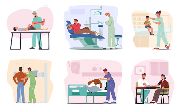 Carácter médico cariñoso con una bata blanca escucha atentamente las preocupaciones de un paciente en el consultorio médico creando una atmósfera tranquilizadora de confianza y profesionalismo Ilustración de vectores de personas de dibujos animados