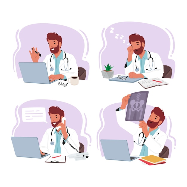 Carácter médico masculino profesional que usa una computadora portátil para registros de pacientes de investigación médica y se mantiene actualizado