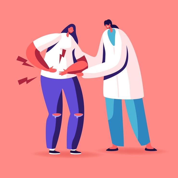 Vector carácter médico tratando de ayudar a la mujer enferma tocando el estómago doloroso que sufre de dolor de estómago causas de la enfermedad inflamatoria de la apendicitis.