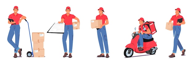 Carácter de mensajería transporta eficientemente paquetes a sus destinos asegurando la entrega oportuna orden de envío del repartidor por el carrito de bicicletas y a pie personas de dibujos animados ilustración vectorial