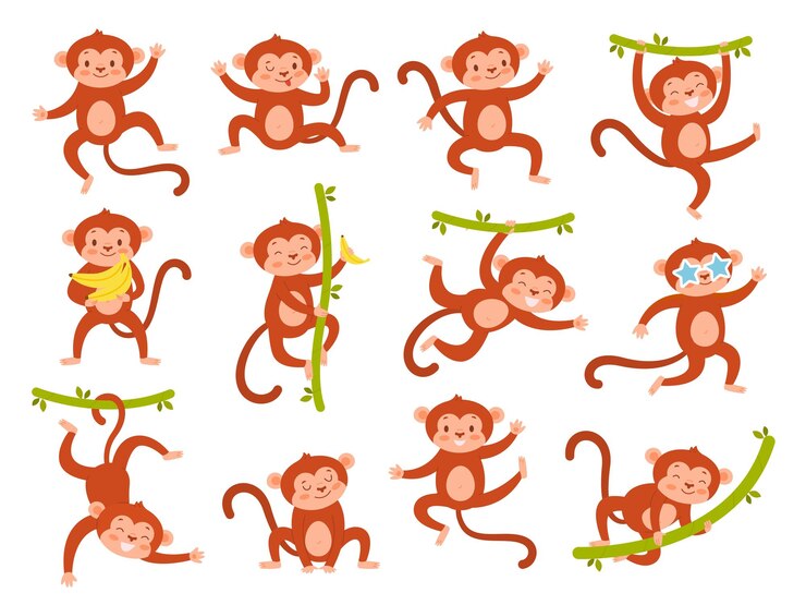 Vector carácter mono lindo divertida jungla bebé animal mascota en diferentes poses varias emociones exóticas tropicales jugando mamífero mono colgando de las vides sostener plátanos dibujos animados vida silvestre vector aislado conjunto
