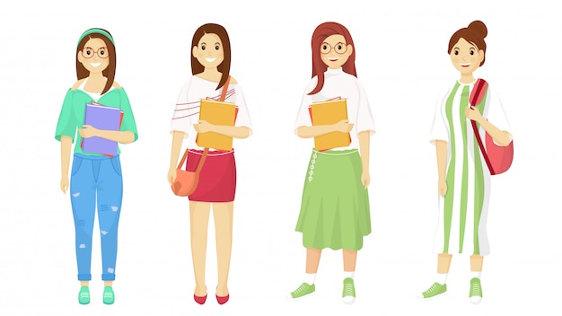 Carácter de las muchachas de moda que va al concepto de la universidad.