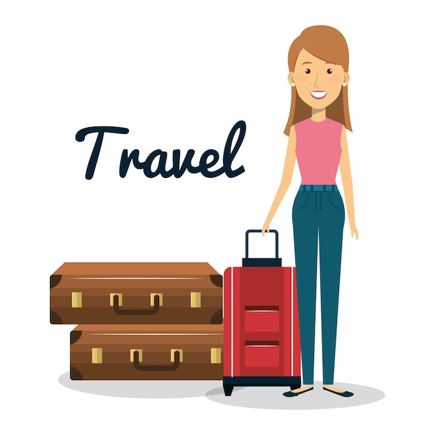 Vector carácter de mujer con diseño de ilustración de vector de viaje maleta
