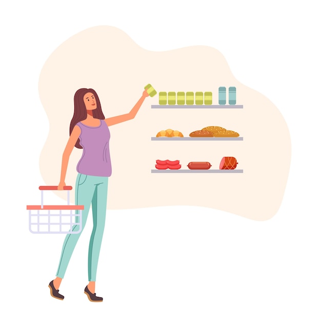 Carácter de mujer eligiendo comida en el supermercado. ilustración