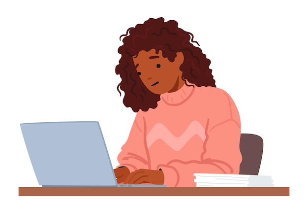 Carácter de mujer enfocada escribiendo en la computadora portátil absorto en el trabajo sus dedos bailan a través del teclado con precisión