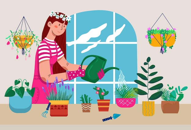 Vector carácter de mujer joven regando varias plantas domésticas