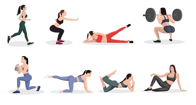 Vector carácter de mujeres haciendo fitness mujer fuerte haciendo sentadillas con barra joven deportiva con cuerpo delgado hace ejercicios divididos con mancuernas en el entrenamiento entrenador muestra pose de yoga y se estira ilustración vectorial