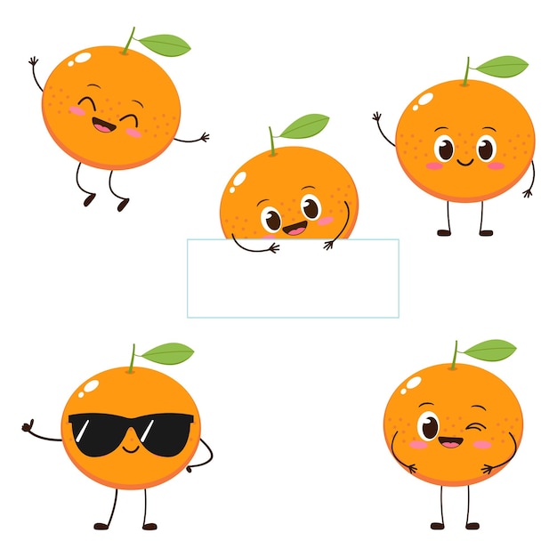 Carácter naranja con cara divertida Conjunto de emoji de mandarina de dibujos animados lindo feliz Ilustración de vector de carácter de comida vegetariana saludable