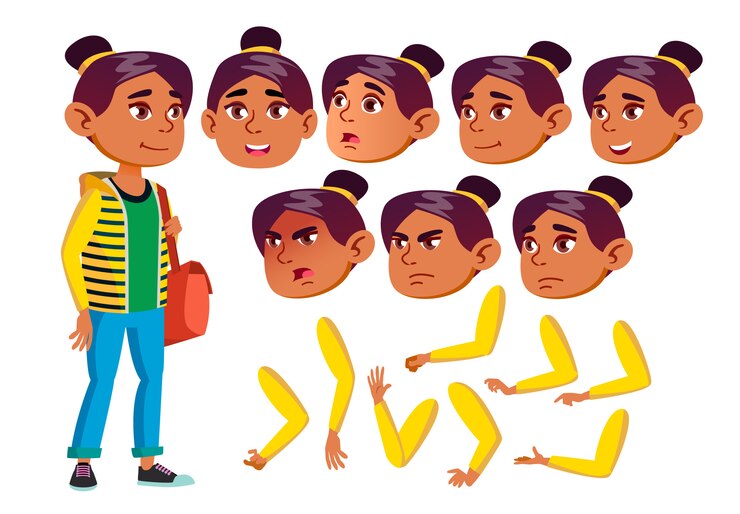 Vector carácter de niña adolescente. árabe. creador de creación para animación. enfrenta las emociones, las manos.