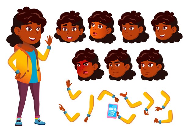 Carácter de niña adolescente. Indio. Creador de creación para animación. Enfrenta las emociones, las manos.