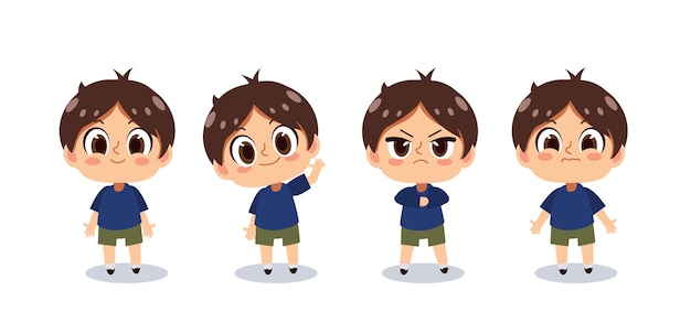 Carácter de niño lindo kawaii en varias ilustraciones de vectores de dibujos animados de emociones