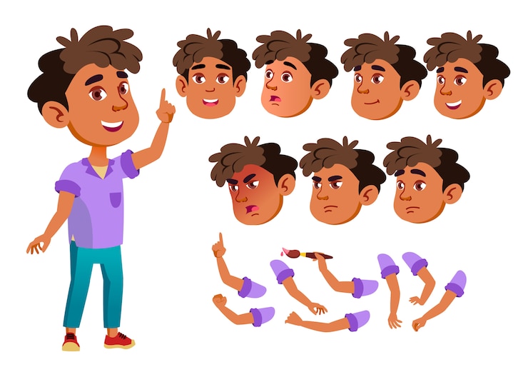Vector carácter niño niño. árabe. creador de creación para animación. enfrenta las emociones, las manos.