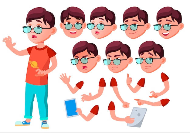 Carácter niño niño. Europeo. Creador de creación para animación. Enfrenta las emociones, las manos.