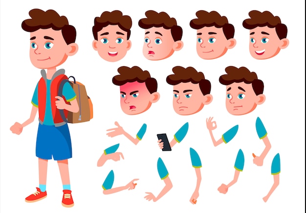 Carácter niño niño. Europeo. Creador de creación para animación. Enfrenta las emociones, las manos.