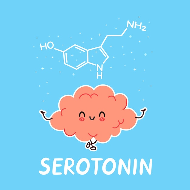 Carácter de órgano cerebral humano divertido lindo y fórmula de serotonina