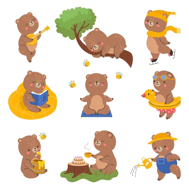 Carácter de oso divertido Osos aislados poses dibujos animados animales emoticono Kawaii bosque salvaje animal marrón hoy en día juguete de peluche con miel vector conjunto de carácter animal oso linda ilustración