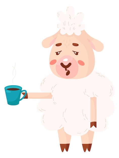 Carácter de oveja cansada con taza de café cordero lindo aislado sobre fondo blanco
