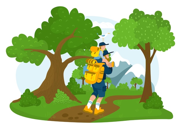 Carácter del padre junto con la montaña del parque forestal del paseo de la caminata al aire libre del hijo, alegre pasar tiempo ilustración vectorial plana, aislado en blanco. Pasee por la gente, hobby familiar, concepto de viaje por el bosque.