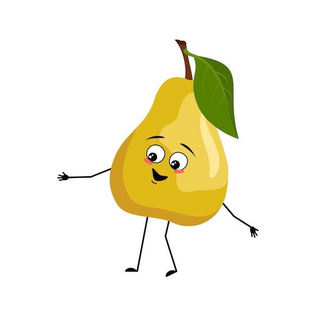 Carácter de pera con emoción feliz, cara alegre, ojos sonrientes, brazos y piernas. persona con expresión, emoticono de frutas. ilustración plana vectorial