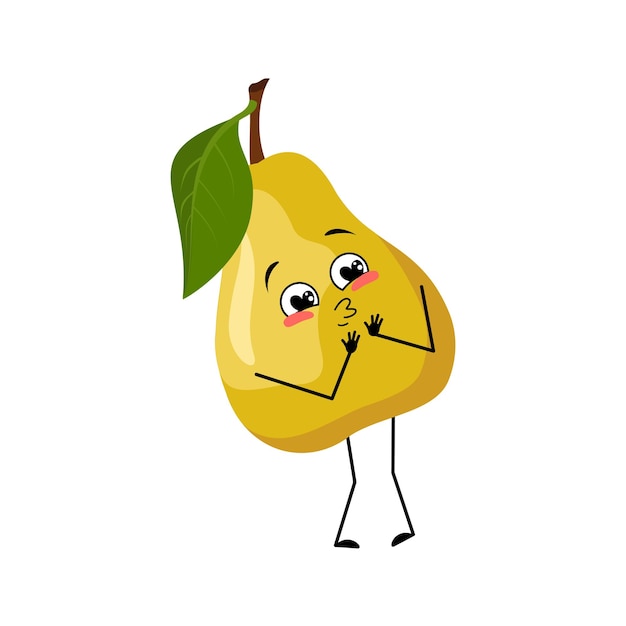 Carácter de pera con emociones de amor, cara de sonrisa, brazos y piernas. persona con expresión feliz, emoticono de frutas. ilustración plana vectorial