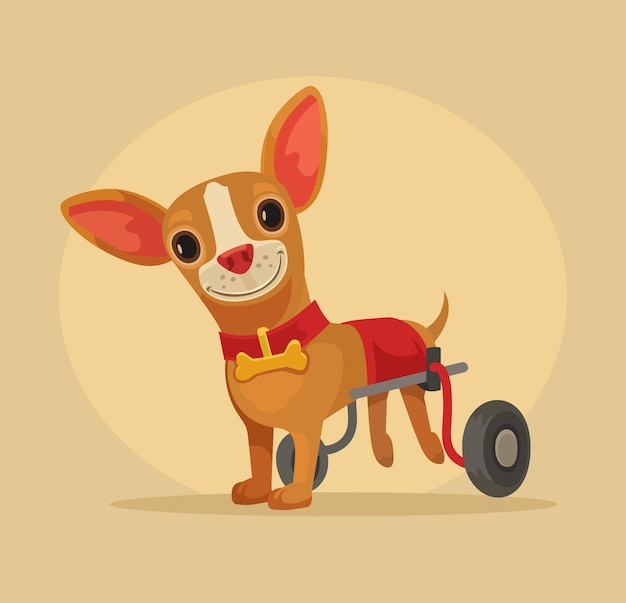 Vector carácter de perro discapacitado en silla de ruedas.