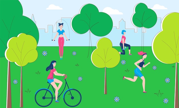 Carácter de personas de estilo de vida saludable juntos deporte actividad física al aire libre, ilustración de vector plano de fitness de parque público. Ejercicios en la calle para correr, andar en bicicleta y buena condición corporal.