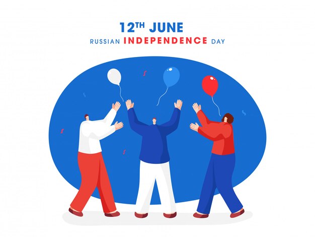 Carácter de las personas que disfrutan o celebran con globos tricolores para el 12 de junio feliz día de la independencia de rusia.