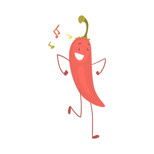 Carácter de pimienta roja graciosa bailando moviendo las manos y las piernas Ilustración vectorial