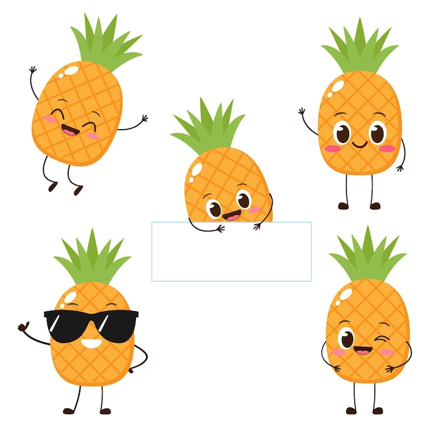 Carácter de piña con cara divertida conjunto de emoji de piña de dibujos animados lindo feliz ilustración de vector de carácter de comida vegetariana saludable