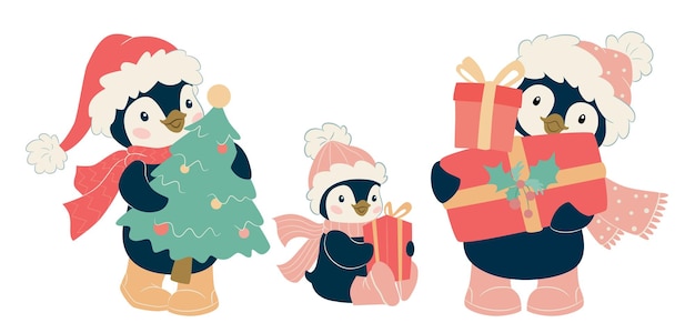 Carácter de pingüino de navidad. conjunto de ilustración de vector lindo pingüino