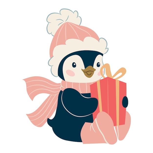Carácter de pingüino de Navidad. Ilustración de vector lindo pingüino