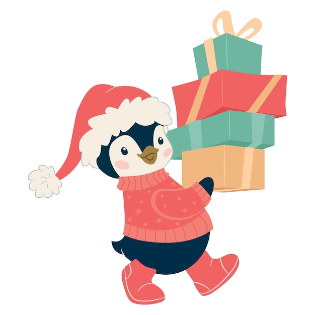 Carácter de pingüino de Navidad. Ilustración de vector lindo pingüino